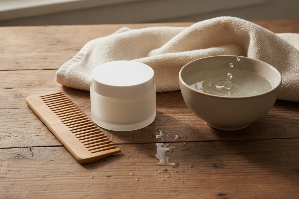Hair mask and comb placed beside a towel