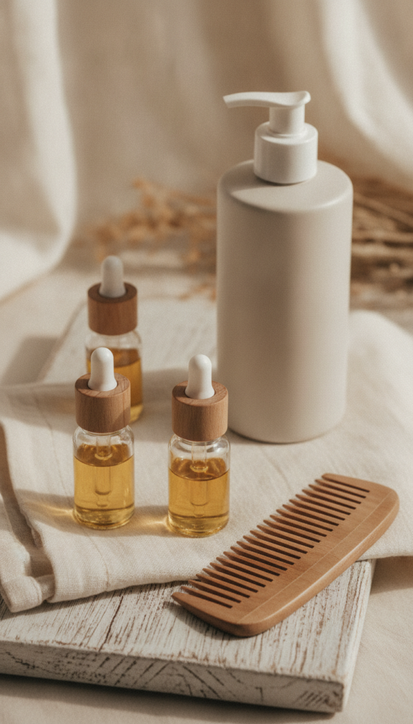 Hair oils and care products arranged beside a comb Hair oils and care products arranged beside a comb
