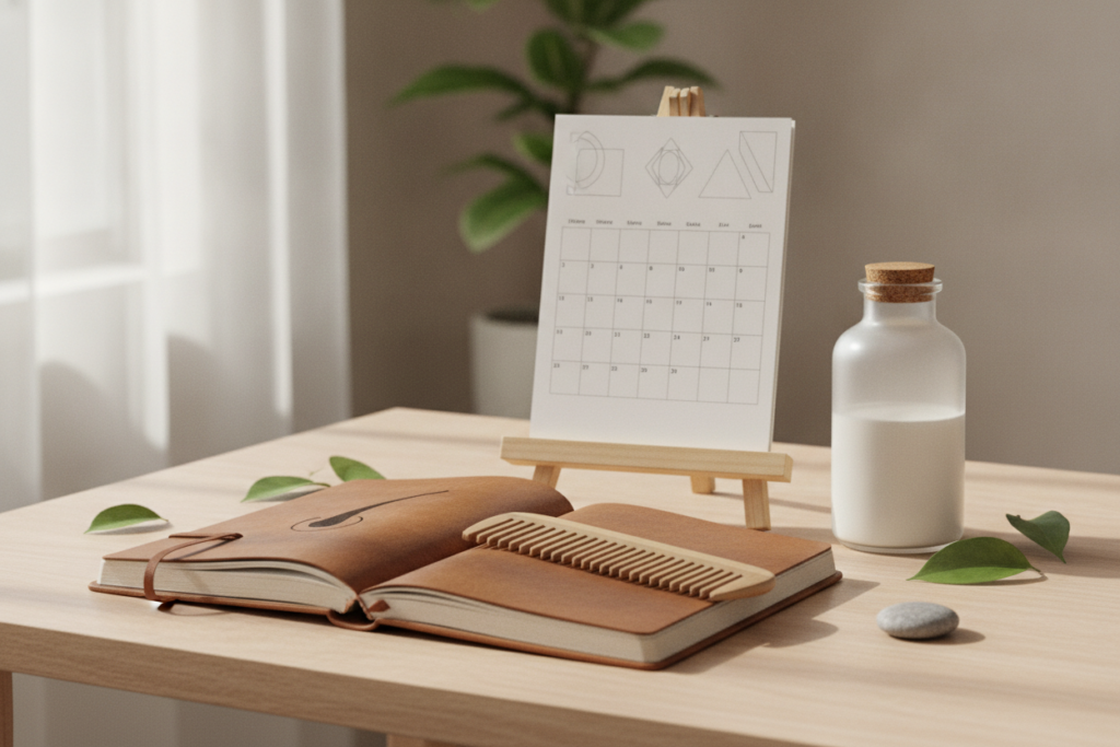 Hair progress tracking journal beside a simple scalp care routine