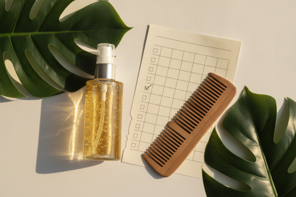 Hair serum bottle and ingredient checklist beside a comb