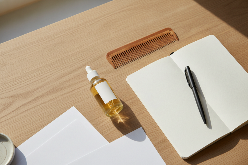 Hair serum comparison checklist beside an unbranded product bottle Hair serum comparison checklist beside an unbranded product bottle