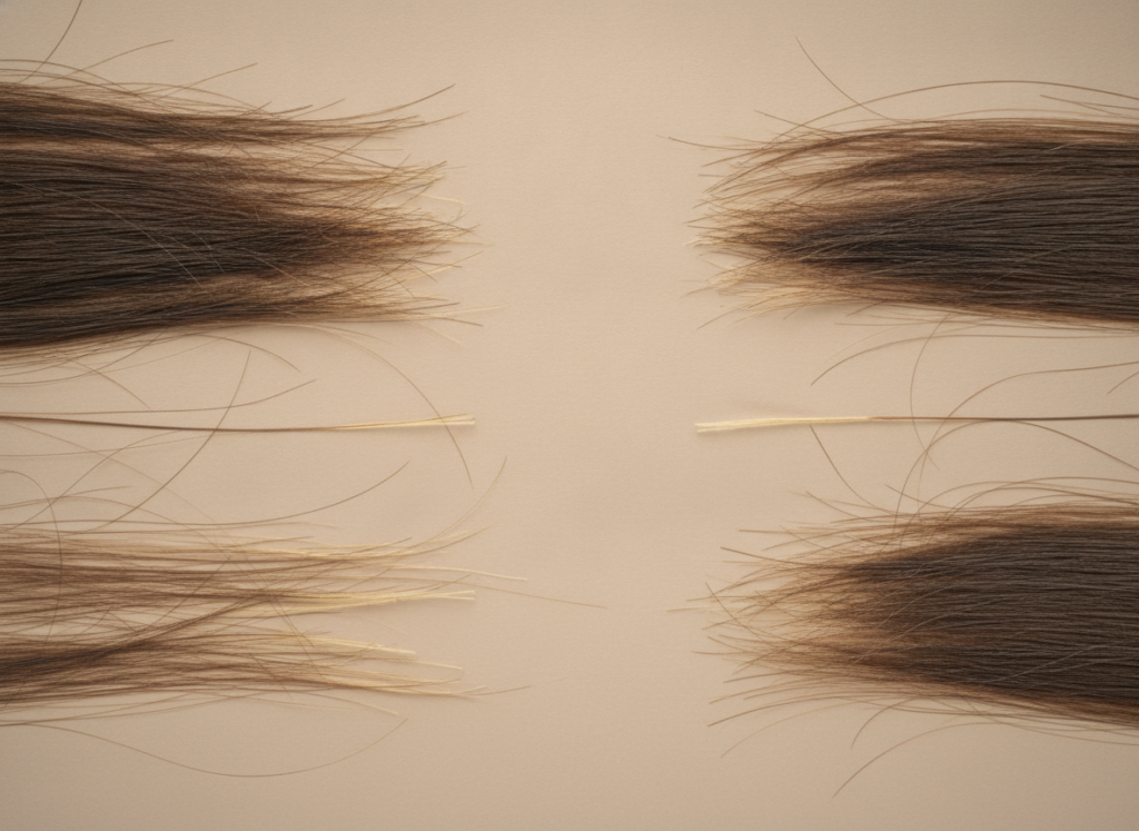 Hair strands showing different levels of thickness and breakage Hair strands showing different levels of thickness and breakage