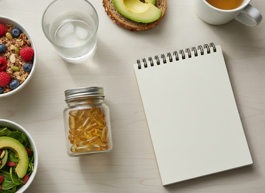 Hair supplement decision beside food and a healthcare notebook