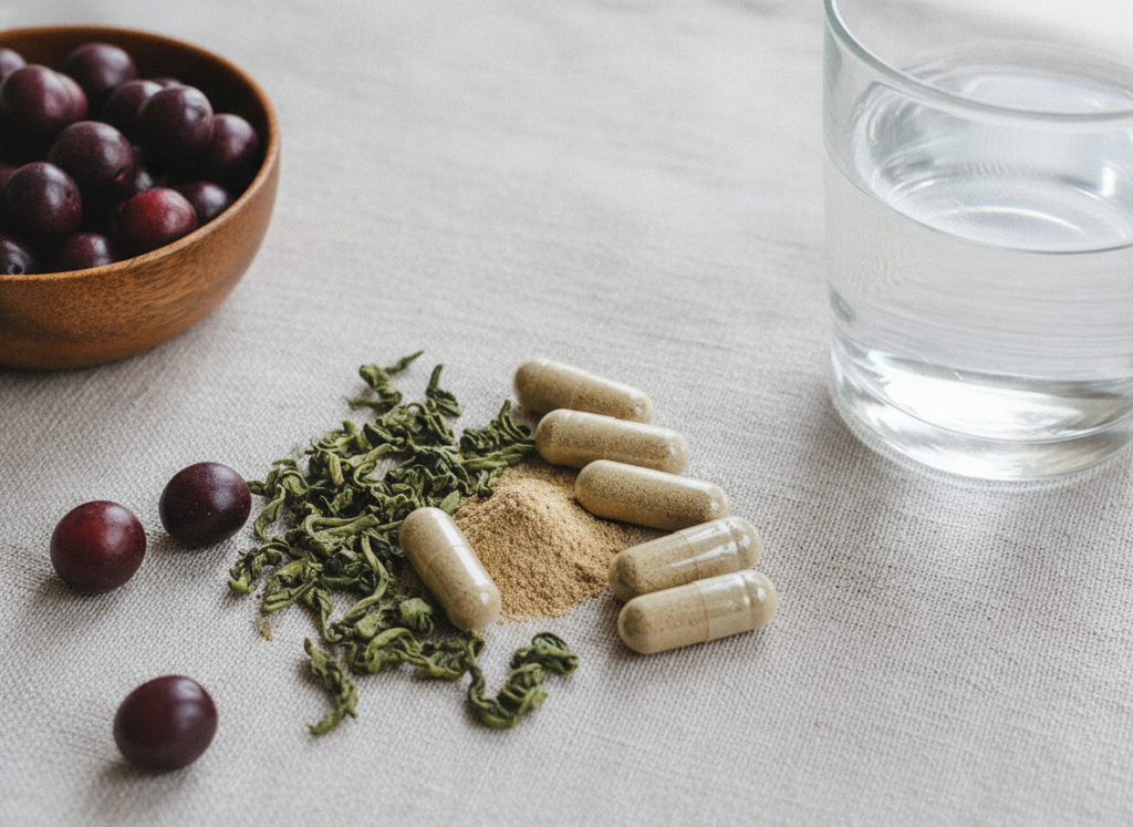 Hair supplements and botanical ingredients on a wellness shelf Hair supplements and botanical ingredients on a wellness shelf