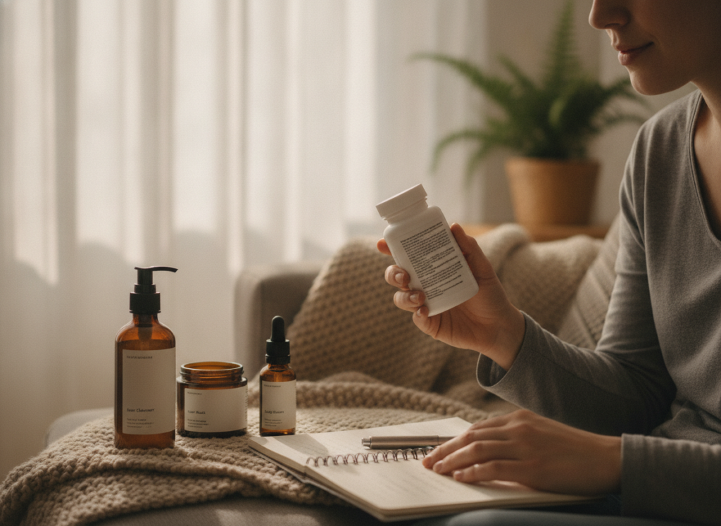 Hair supplements and product labels being reviewed at home