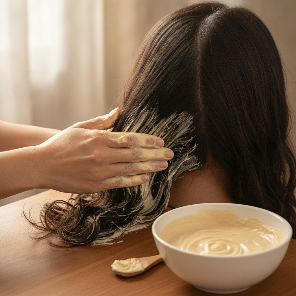 Hand applying a fenugreek seed mask to separated hair sections