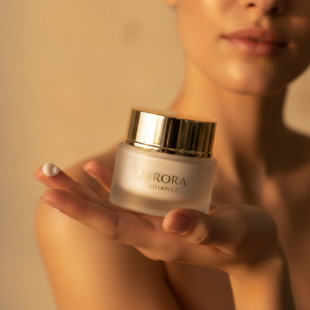 Hand holding moisturizer with glowing skin in background