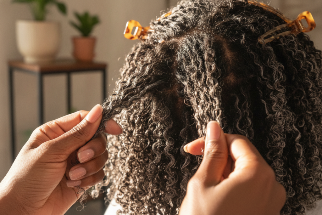Hands finger detangling natural hair with conditioner Hands finger detangling natural hair with conditioner