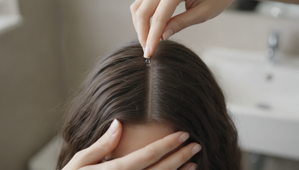 Hands gently massaging a small amount of hair oil into the scalp Hands gently massaging a small amount of hair oil into the scalp