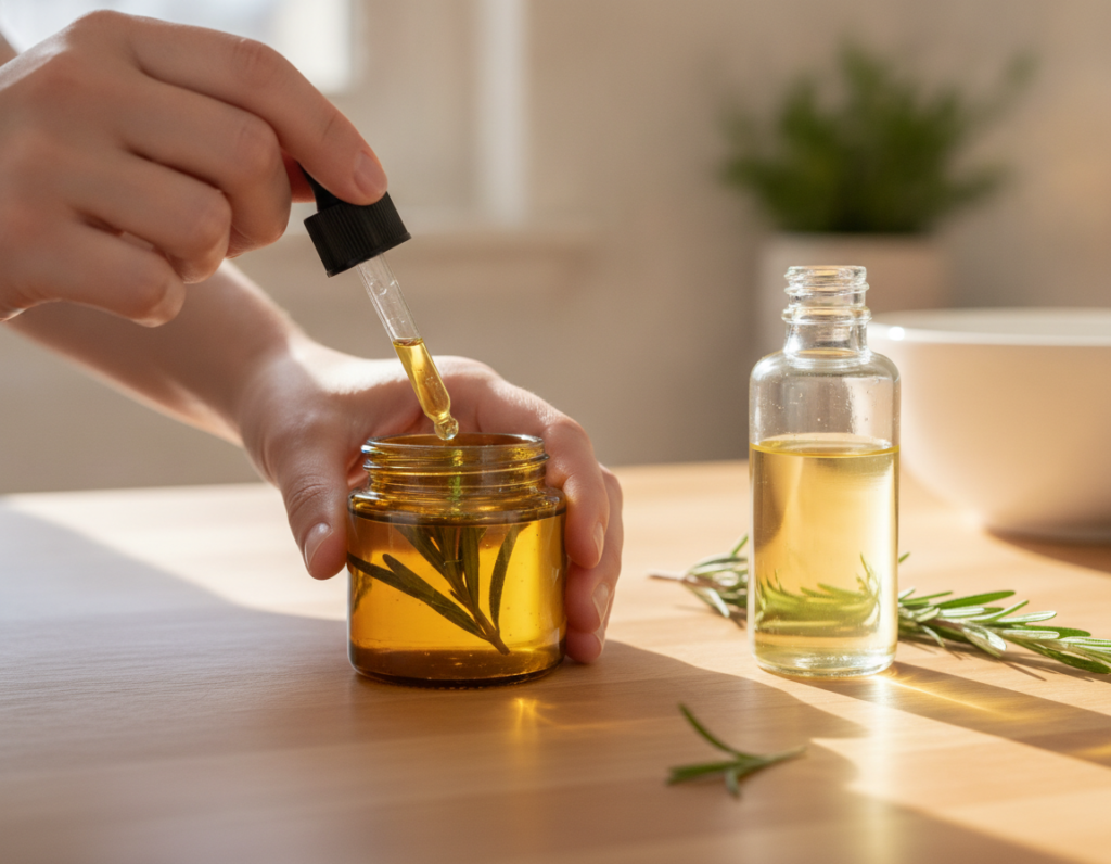 Hands mixing a homemade hair growth oil in a small glass jar Hands mixing a homemade hair growth oil in a small glass jar