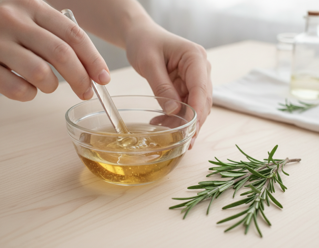 Hands mixing diluted rosemary oil in a small glass bowl