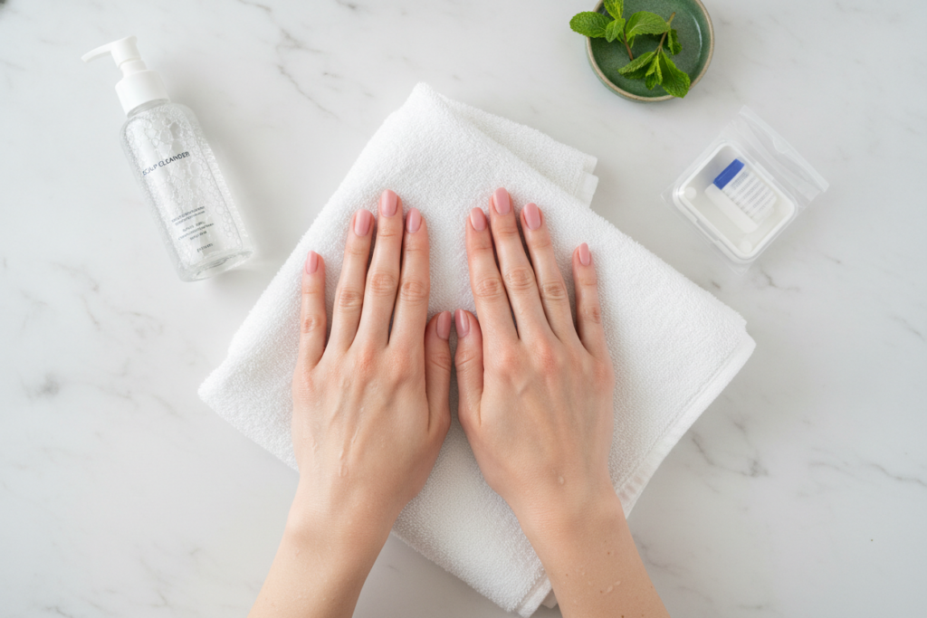 Hands preparing a clean scalp care station before microneedling
