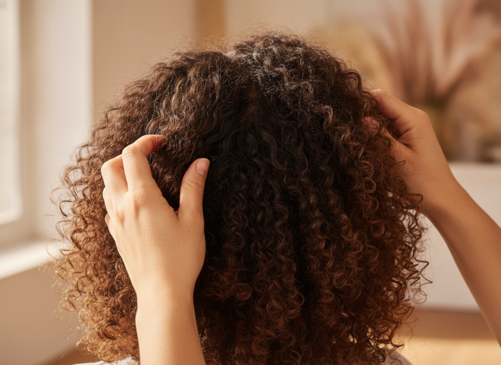 Hands scrunching a soft gel cast from defined curls
