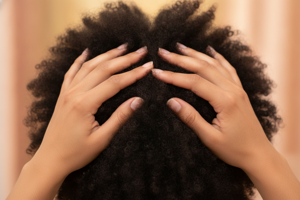 Hands showing how to massage scalp hair with gentle circular movements