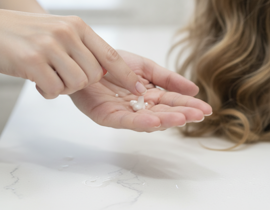 Hands testing a small amount of styling product for wavy hair