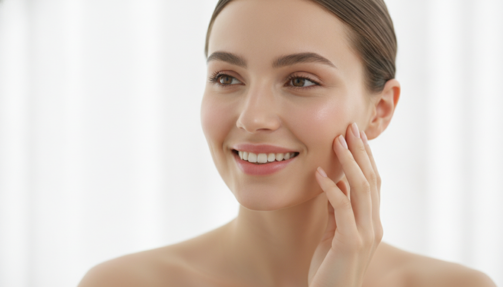 Happy woman with clear glowing skin after using DIY face masks Happy woman with clear glowing skin after using DIY face masks