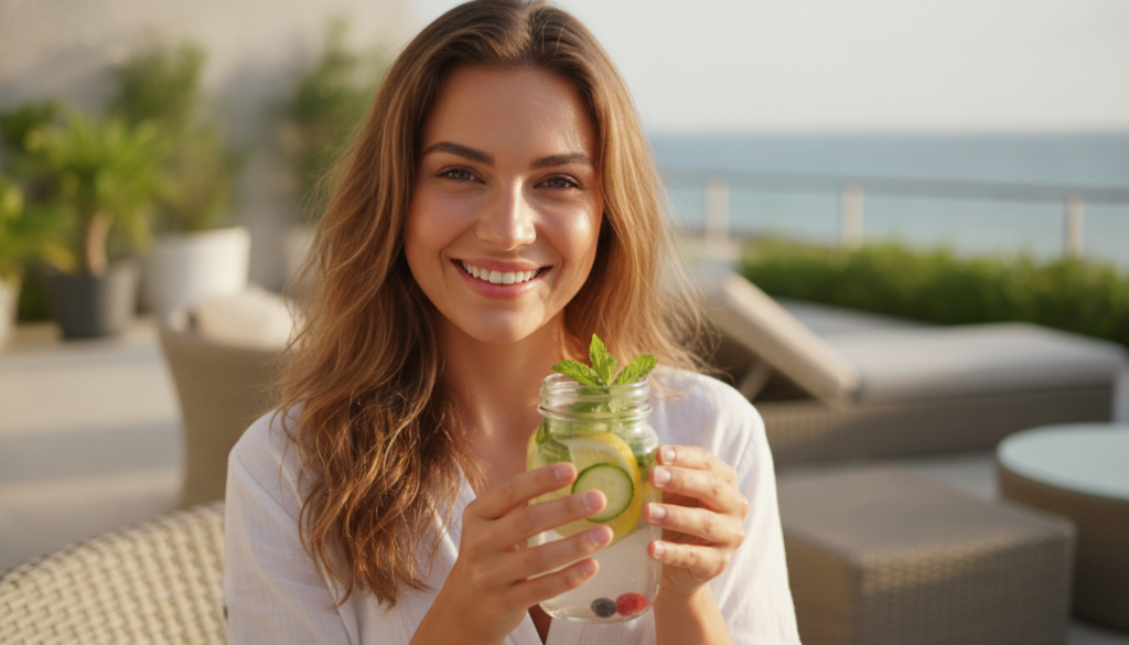 Happy woman with clear glowing skin enjoying detox water outdoors