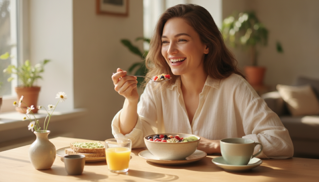 Happy woman with glowing skin enjoying healthy breakfast Happy woman with glowing skin enjoying healthy breakfast