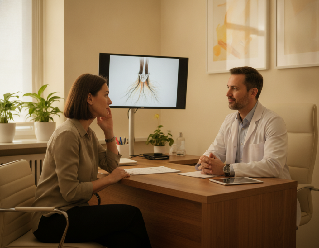 Healthcare discussion about vitamins and hair shedding