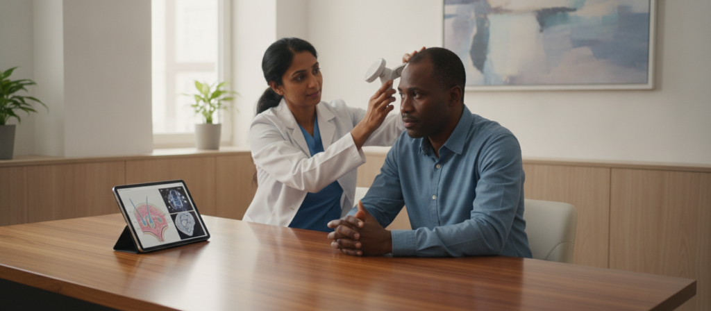 Healthcare professional discussing hair loss concerns with a patient