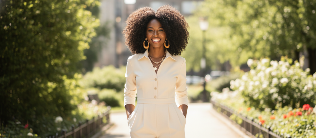 Healthy 4C natural hair journey with confident woman