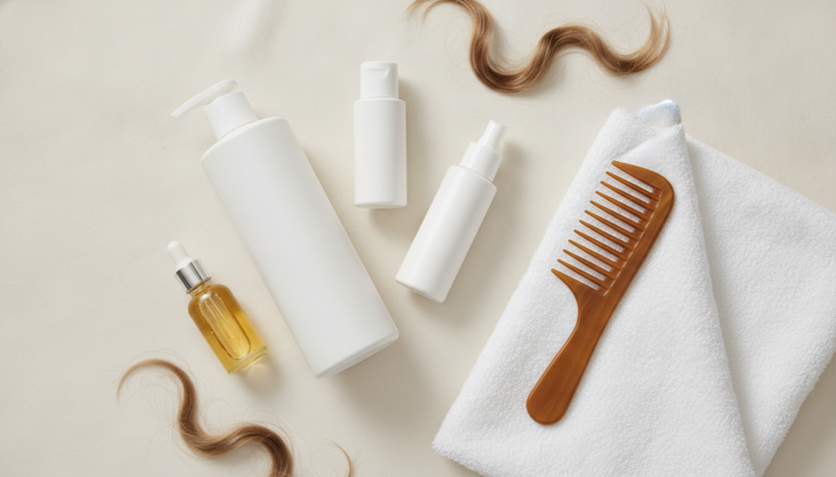 Healthy Hair Routine Products arranged beside a comb and towel