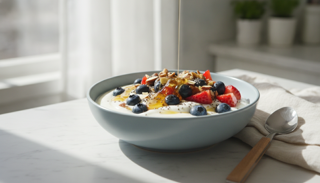 Healthy breakfast bowl with berries, nuts, and yogurt for glowing skin Healthy breakfast bowl with berries, nuts, and yogurt for glowing skin