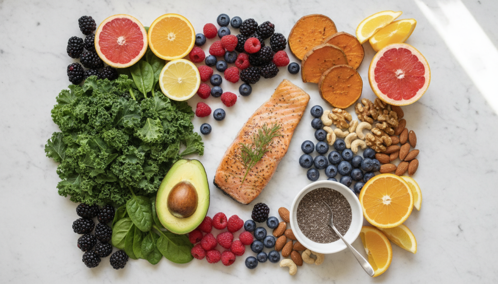 Healthy foods for clear skin including fruits, vegetables, and omega-3 sources Healthy foods for clear skin including fruits, vegetables, and omega-3 sources