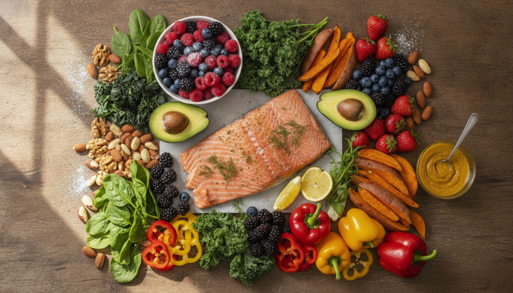 Healthy foods for clear skin naturally including vegetables, fruits, and omega-3 sources