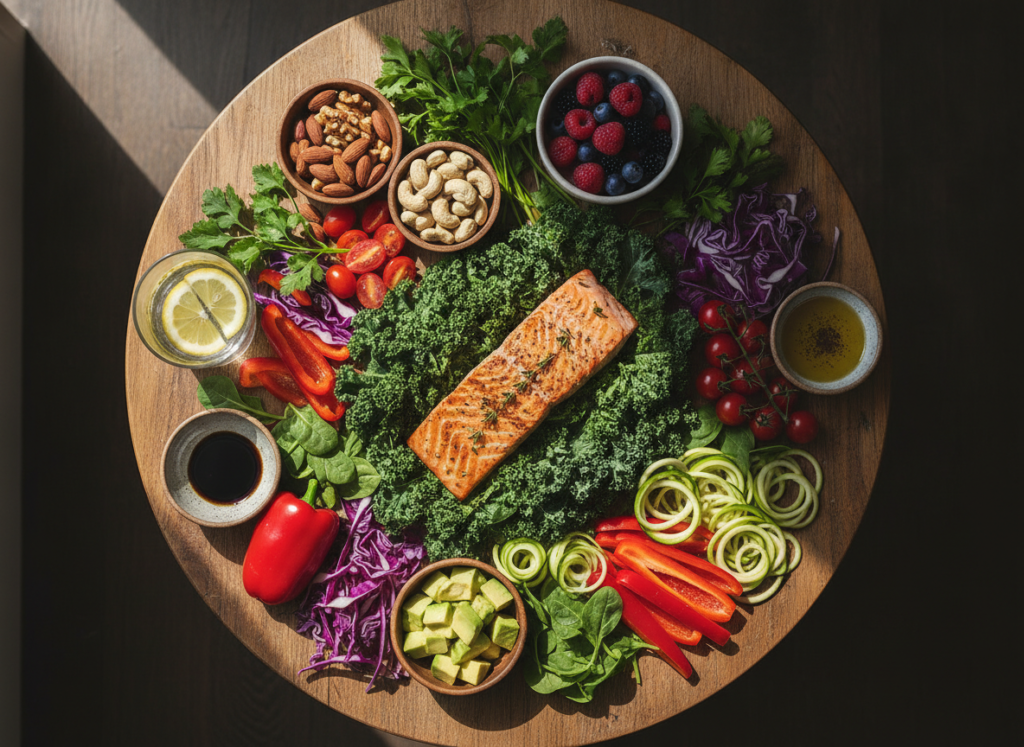 Healthy foods rich in vitamins for glowing skin arranged on table