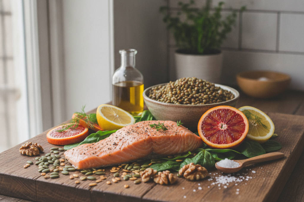Healthy foods with fatty acids and key nutrients for hair care