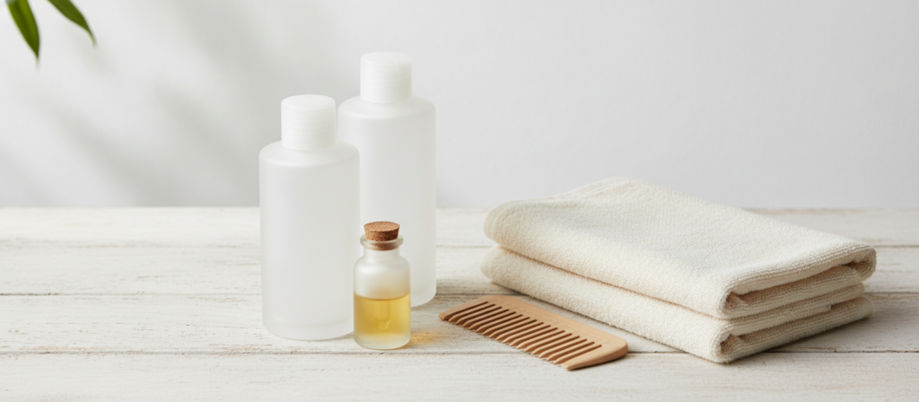 Healthy hair-care products arranged for a simple routine Healthy hair-care products arranged for a simple routine