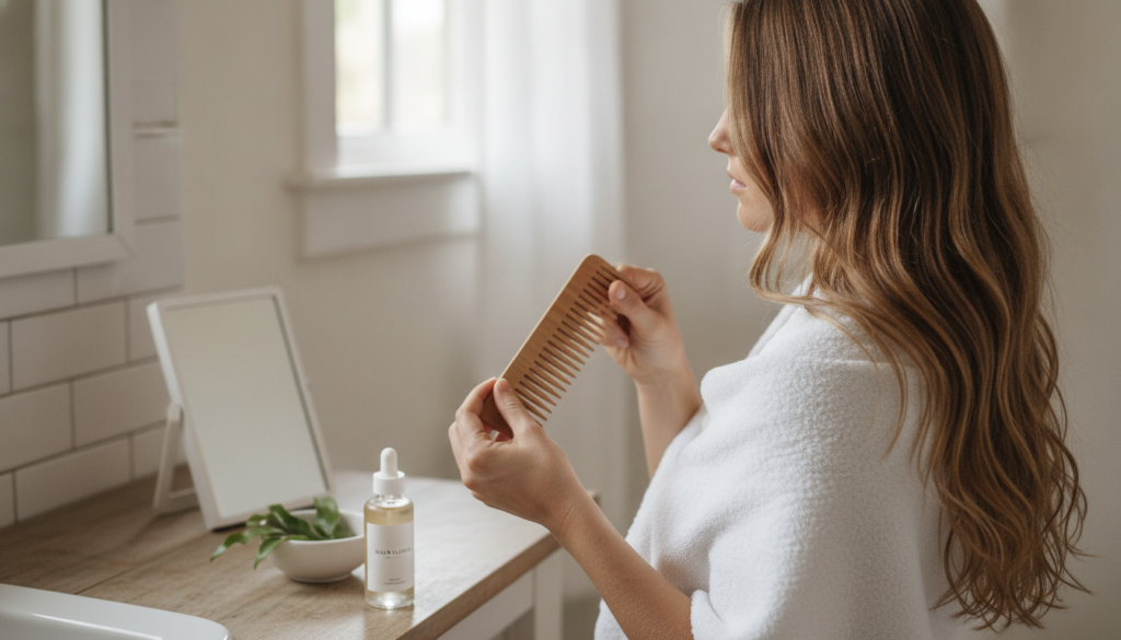 Healthy hair care routine displayed in soft natural light