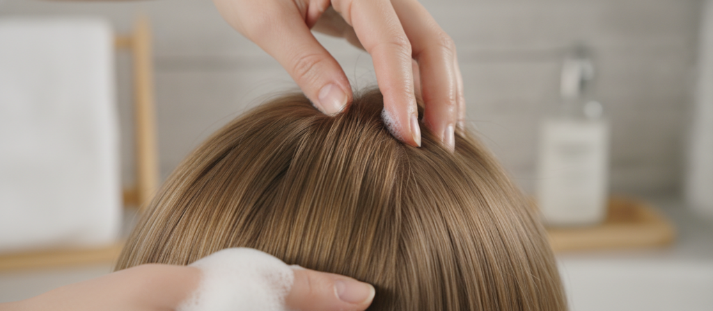 Healthy hair scalp shown during a gentle care routine