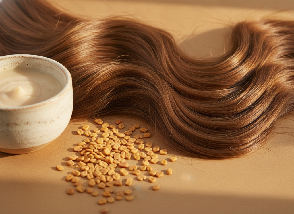 Healthy hair strands and fenugreek seeds in a natural care scene