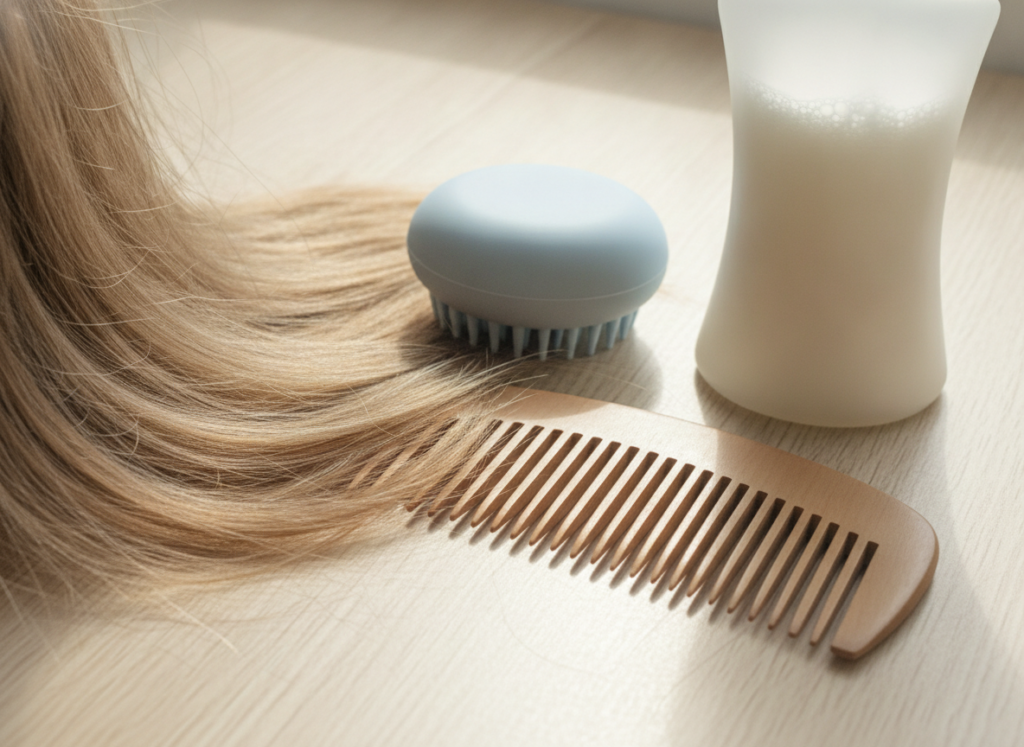 Healthy hair strands and scalp care tools at home