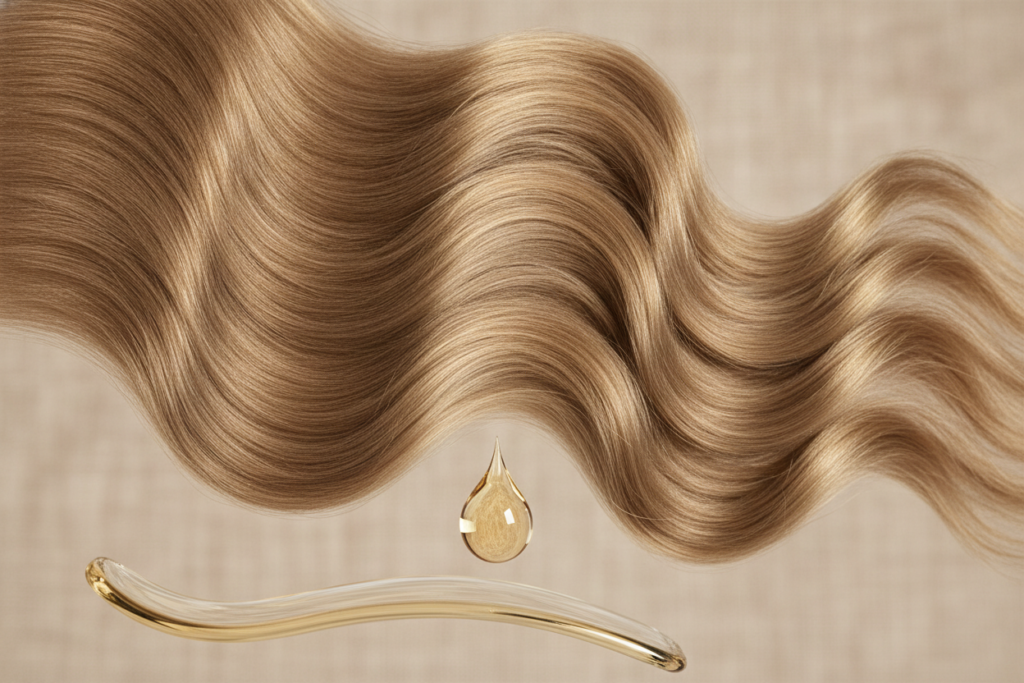 Healthy hair strands shown with a light oil texture Healthy hair strands shown with a light oil texture