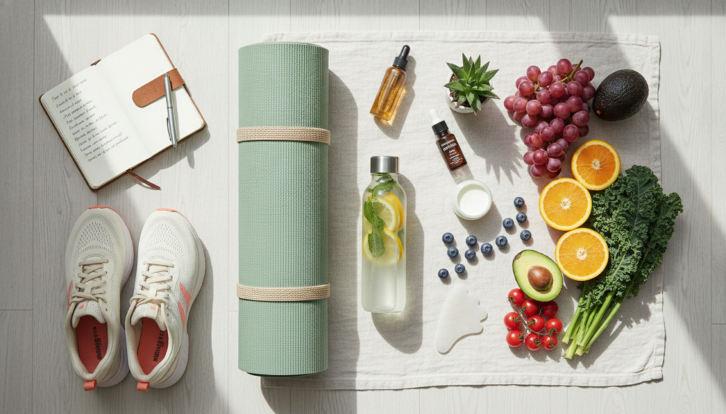 Healthy lifestyle choices including exercise, water, and fresh food
