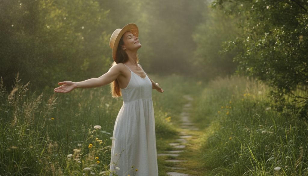 Healthy lifestyle elements including fresh air, sunlight, and nature