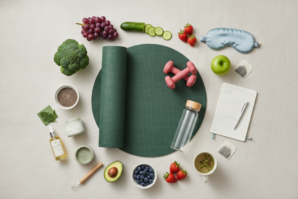 Healthy lifestyle elements including fresh food, exercise equipment and skincare products