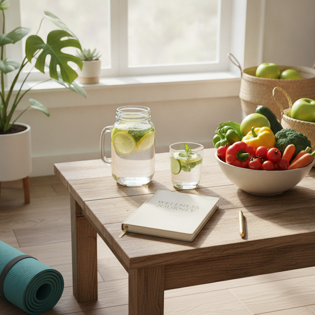 Healthy lifestyle setup with detox water, fresh vegetables and wellness journal