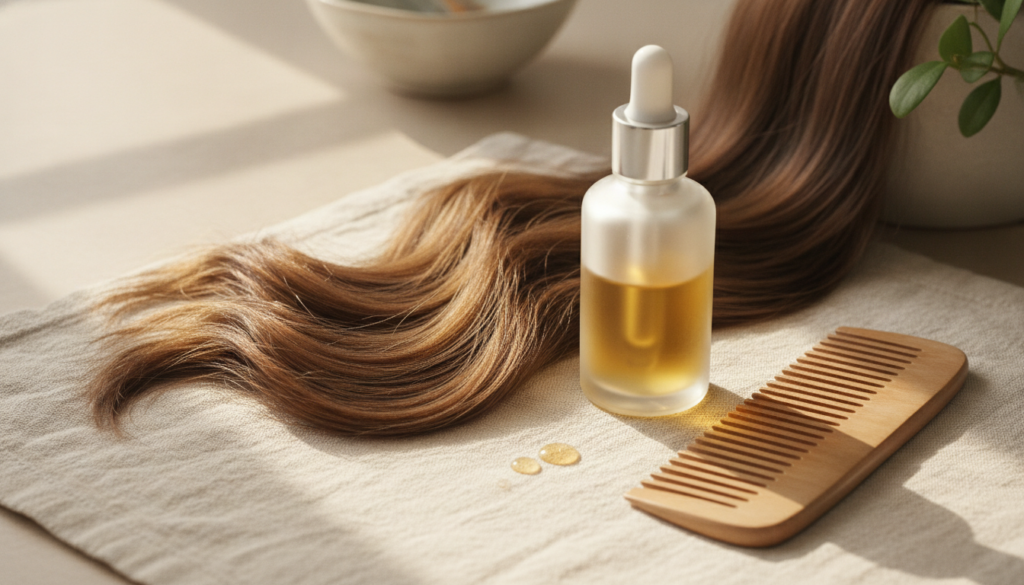 Healthy-looking hair and scalp serum completing a simple care routine Healthy-looking hair and scalp serum completing a simple care routine