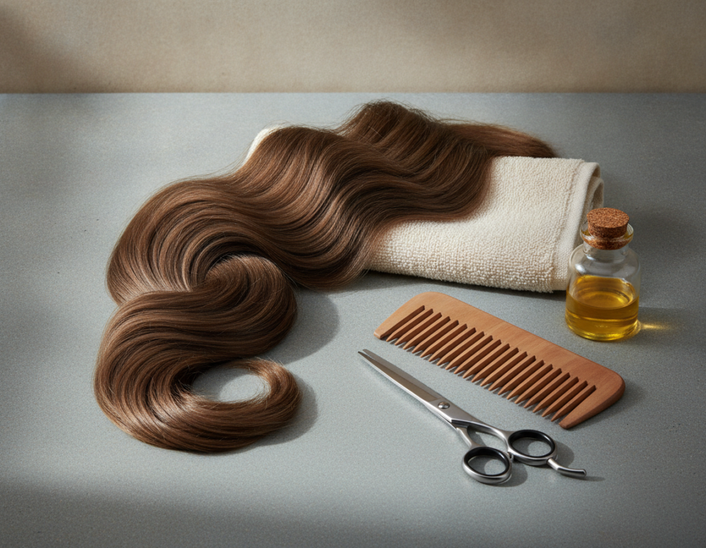 Healthy-looking hair and simple grooming tools on a neutral background