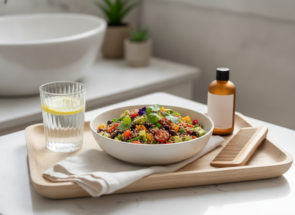 Healthy meal and hair serum for a balanced home routine