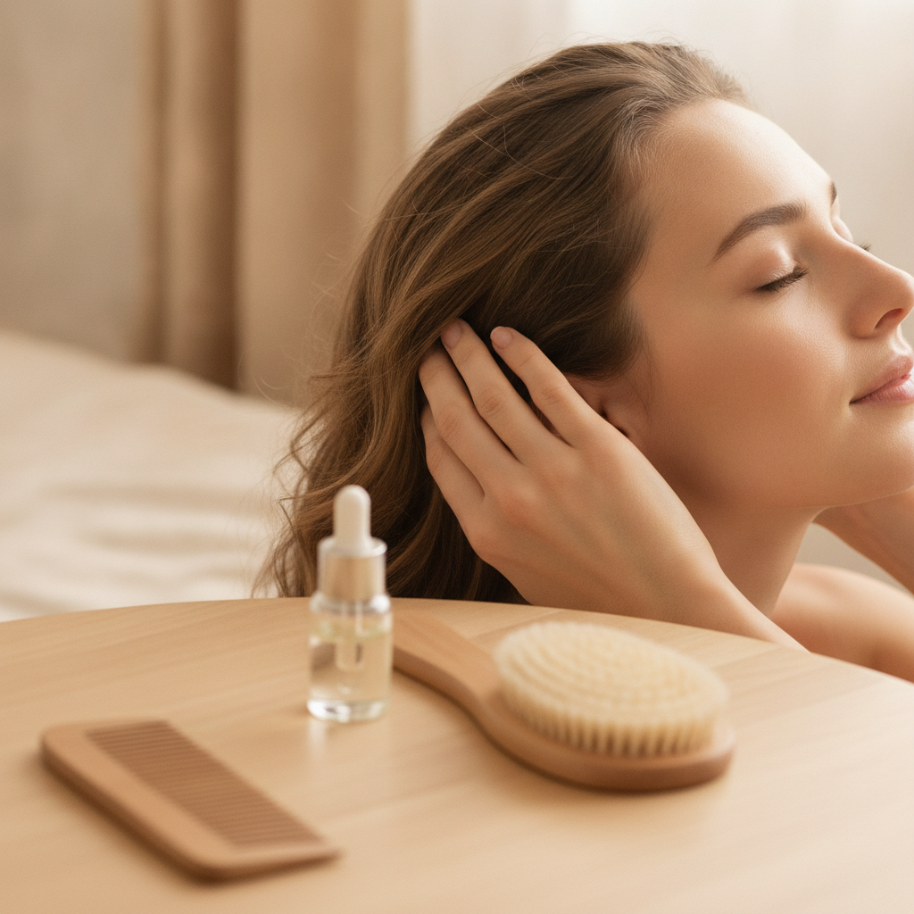 Healthy scalp care routine with gentle massage and clean tools Healthy scalp care routine with gentle massage and clean tools