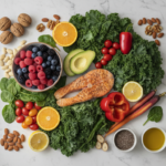 Healthy skin diet foods arranged beautifully including salmon, avocado, berries, nuts, and leafy greens