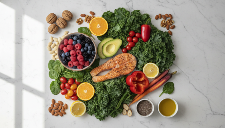 Healthy skin diet foods arranged beautifully including salmon, avocado, berries, nuts, and leafy greens