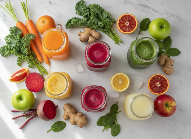 Healthy skin juice recipes with fresh fruits and vegetables for glowing complexion