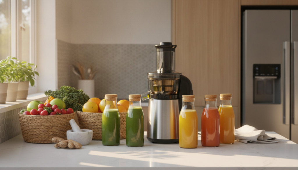 Healthy skin juice routine with fresh ingredients and juicer for glowing complexion