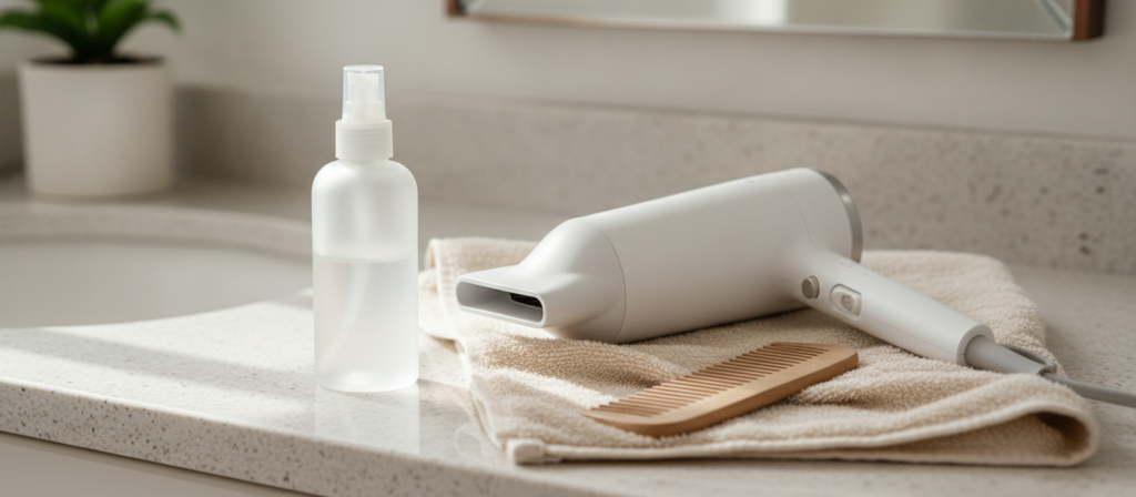 Heat protectant and low heat styling routine at home
